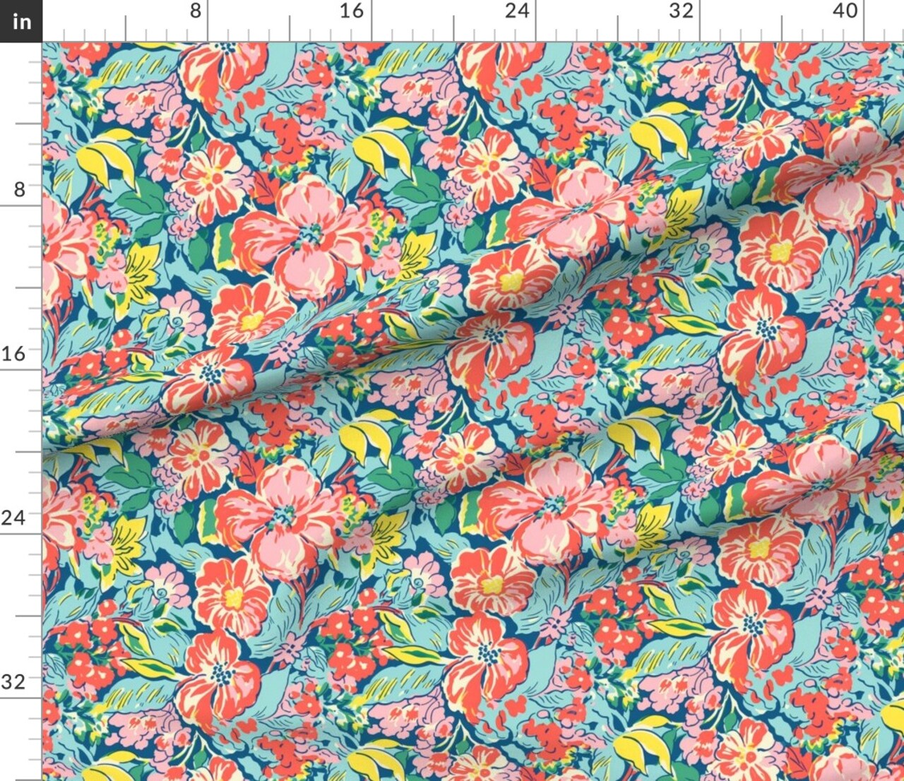 Tropical Florals Coral Flowers Island Hibiscus Pink Green Red Yellow Botanical Tropics Beach Colorful Custom Printed Fabric by Spoonflower Various Fabrics by the Yard or Fat Quarter